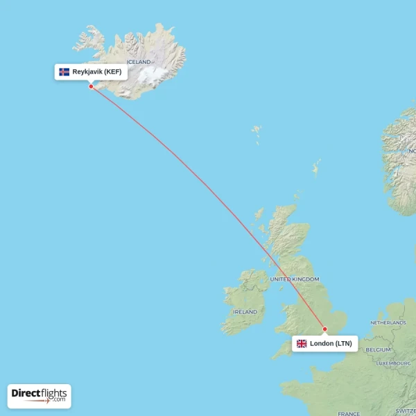 London - Reykjavik direct flight map