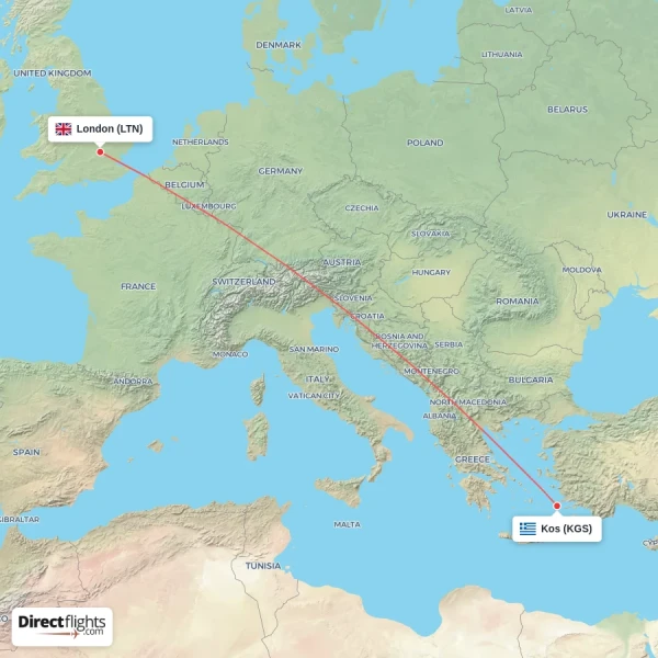 London - Kos direct flight map