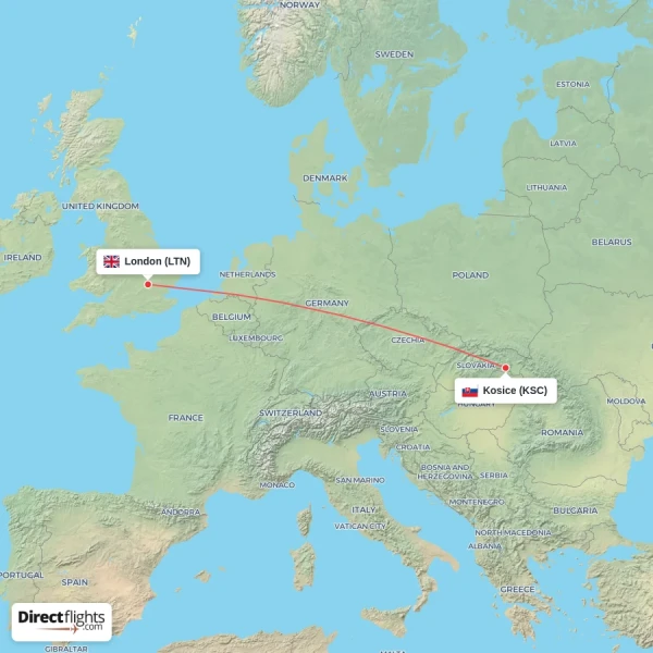 London - Kosice direct flight map