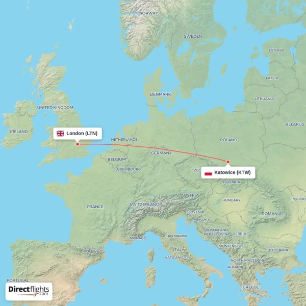 London - Katowice direct flight map