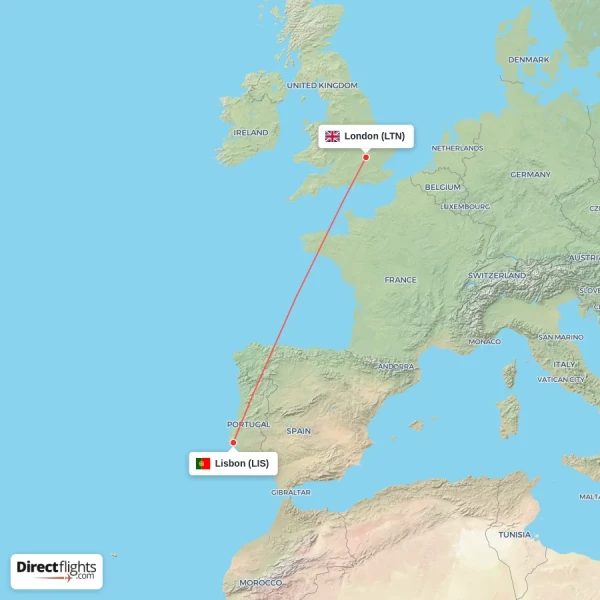 London - Lisbon direct flight map