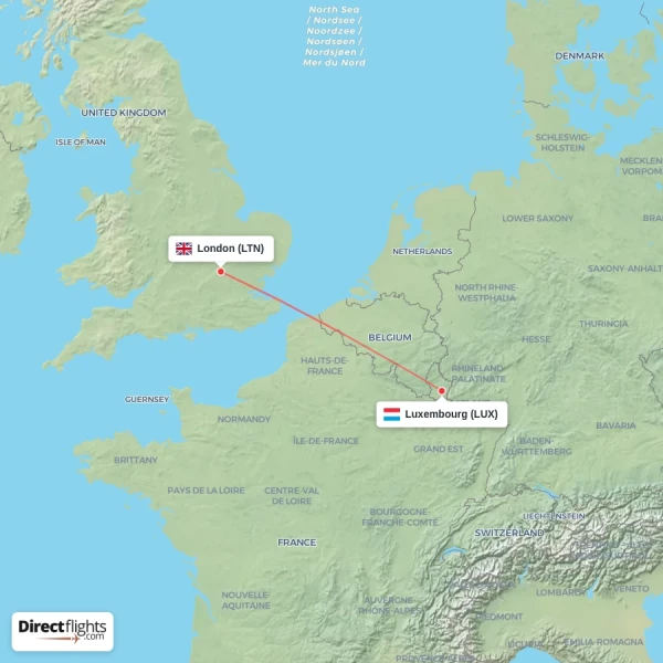 London - Luxembourg direct flight map