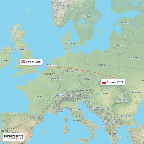 London - Rzeszow direct flight map