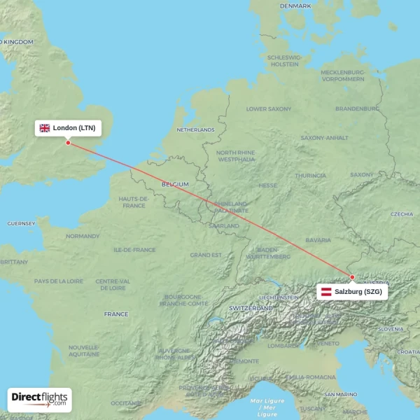 London - Salzburg direct flight map