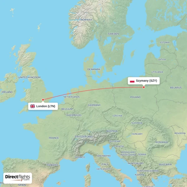 London - Szymany direct flight map