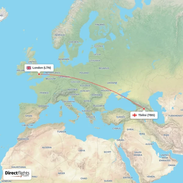 London - Tbilisi direct flight map