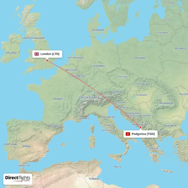 London - Podgorica direct flight map