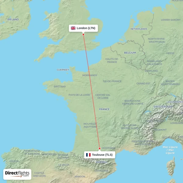 London - Toulouse direct flight map