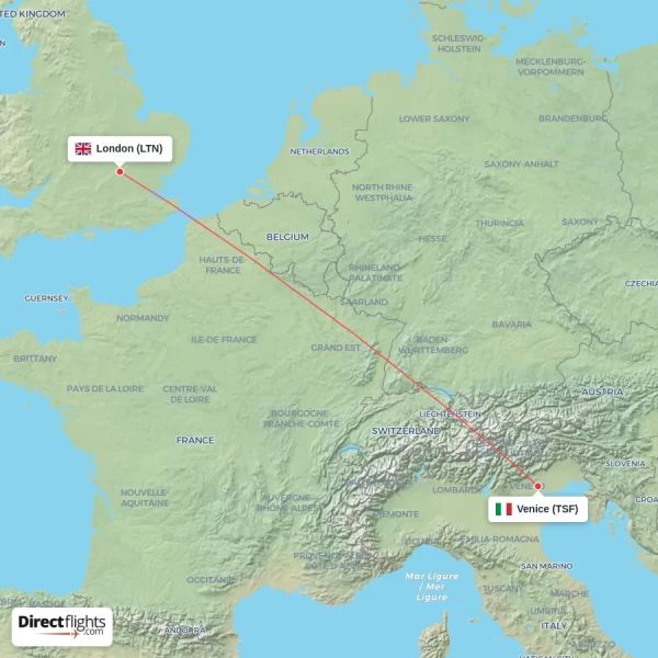 London - Venice direct flight map