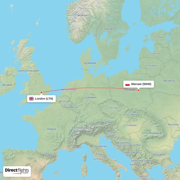 London - Warsaw direct flight map