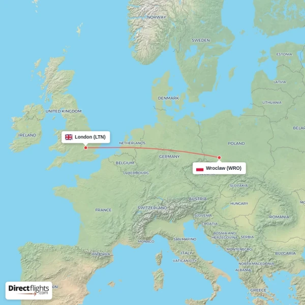 London - Wroclaw direct flight map