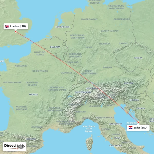 London - Zadar direct flight map
