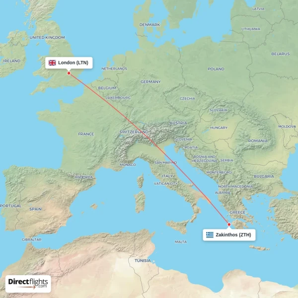 London - Zakinthos direct flight map