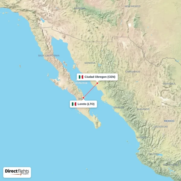 Loreto - Ciudad Obregon direct flight map
