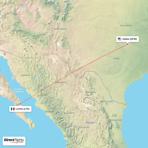 Loreto - Dallas direct flight map