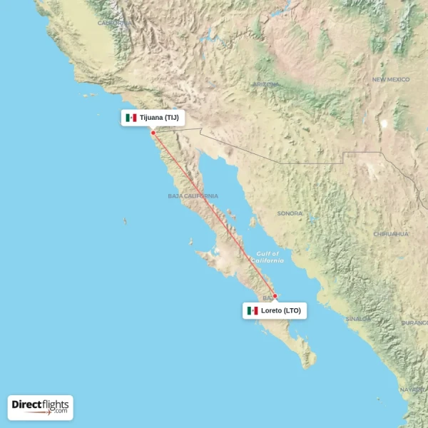 Loreto - Tijuana direct flight map