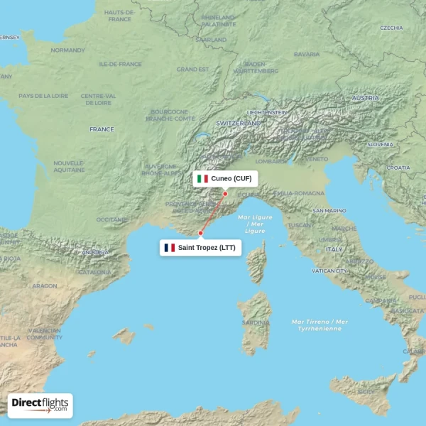 Saint Tropez - Cuneo direct flight map
