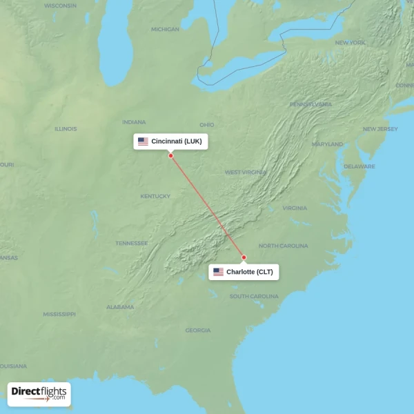 Cincinnati - Charlotte direct flight map