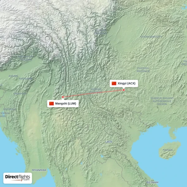 Mangshi - Xingyi direct flight map