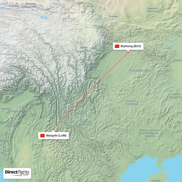 Mangshi - Bazhong direct flight map