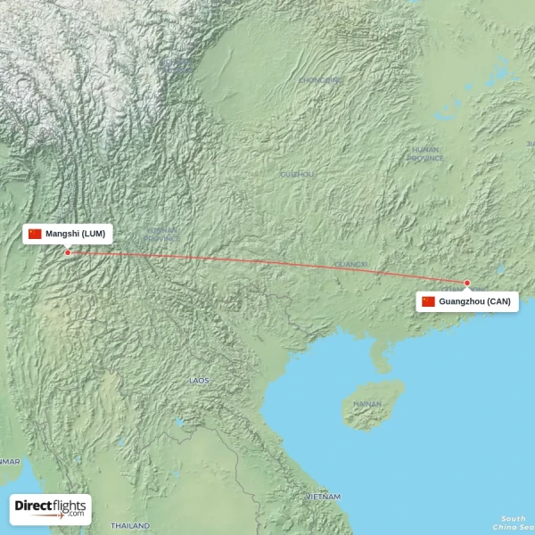 Mangshi - Guangzhou direct flight map