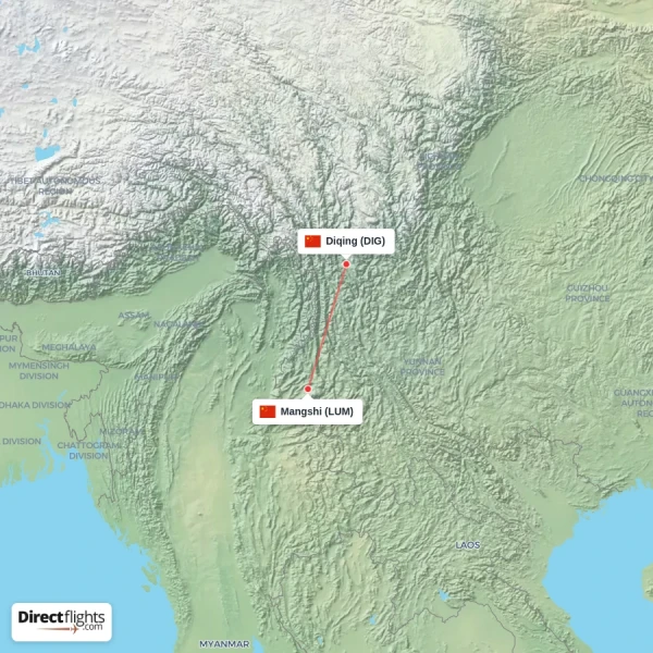 Mangshi - Diqing direct flight map