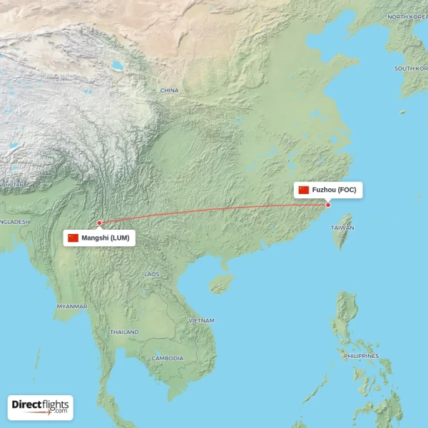 Mangshi - Fuzhou direct flight map