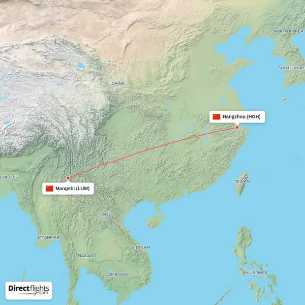 Mangshi - Hangzhou direct flight map