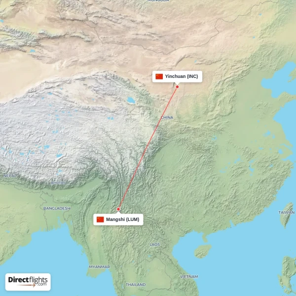 Mangshi - Yinchuan direct flight map