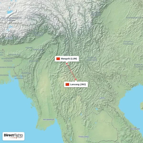 Mangshi - Lancang direct flight map