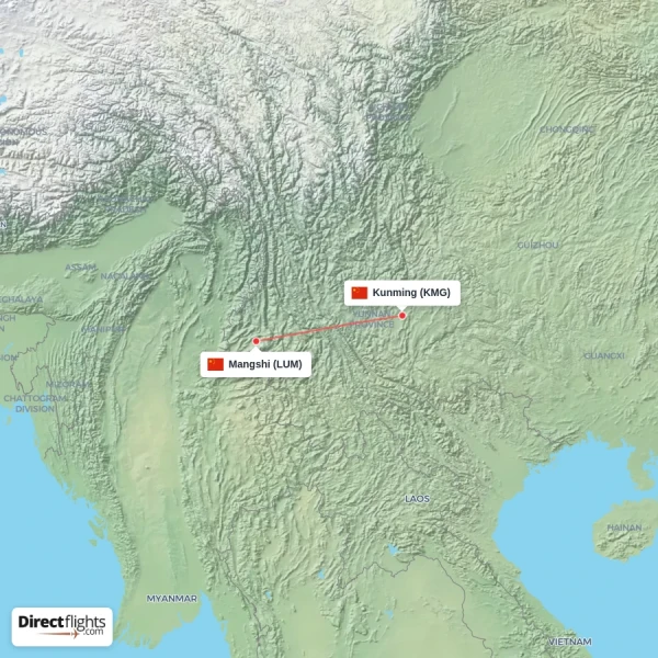 Mangshi - Kunming direct flight map