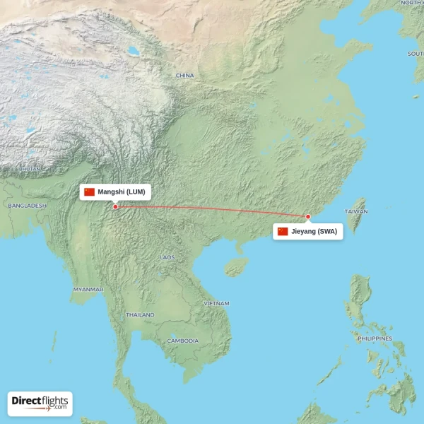 Mangshi - Jieyang direct flight map