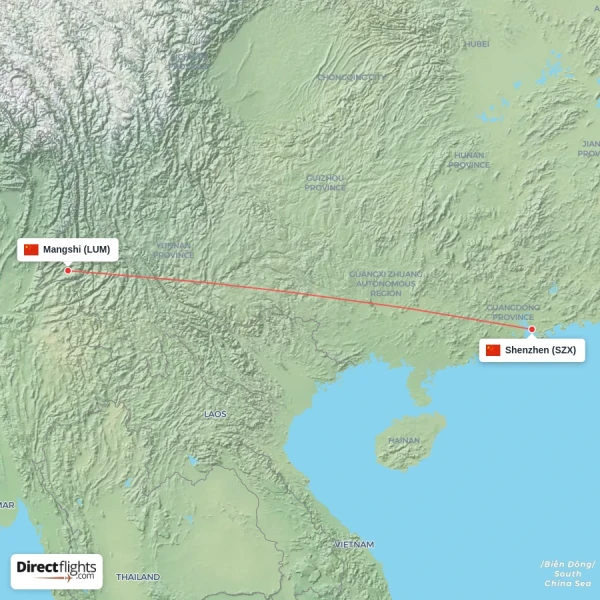 Mangshi - Shenzhen direct flight map