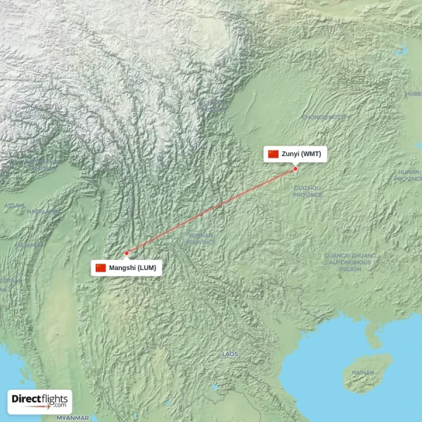 Mangshi - Zunyi direct flight map