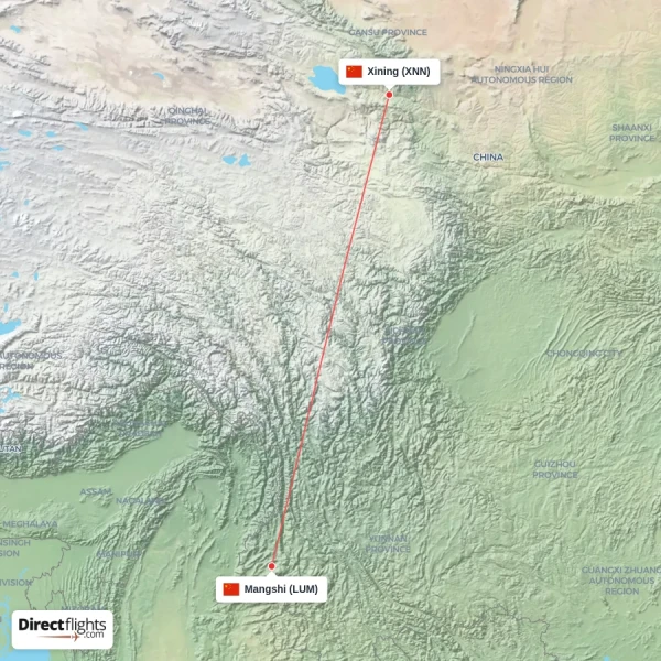 Mangshi - Xining direct flight map
