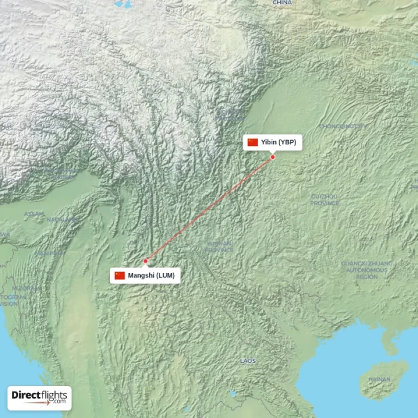 Mangshi - Yibin direct flight map