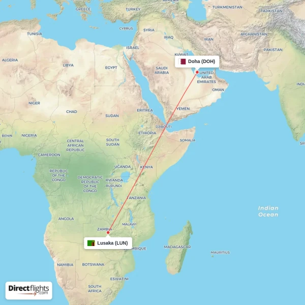 Lusaka - Doha direct flight map