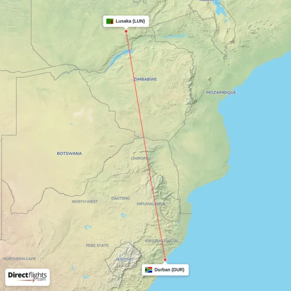 Lusaka - Durban direct flight map