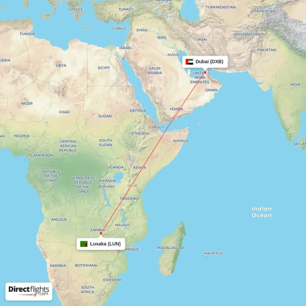 Lusaka - Dubai direct flight map