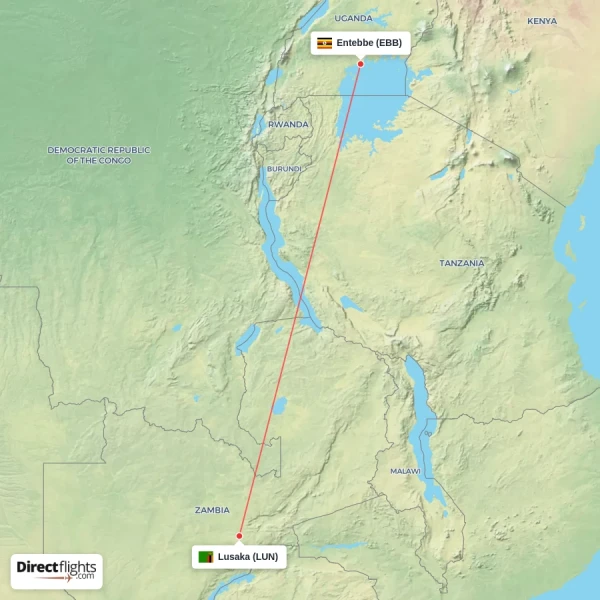 Lusaka - Entebbe direct flight map