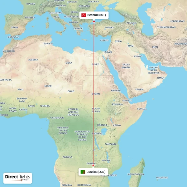 Lusaka - Istanbul direct flight map