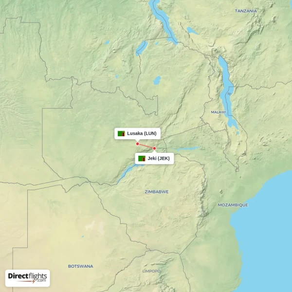Lusaka - Jeki direct flight map