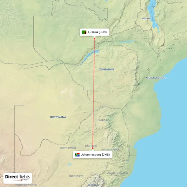 Lusaka - Johannesburg direct flight map
