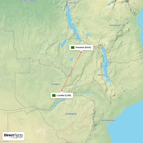 Lusaka - Kasama direct flight map