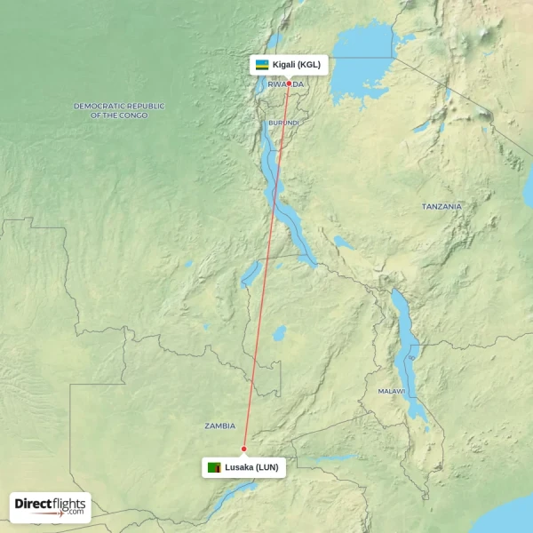 Lusaka - Kigali direct flight map