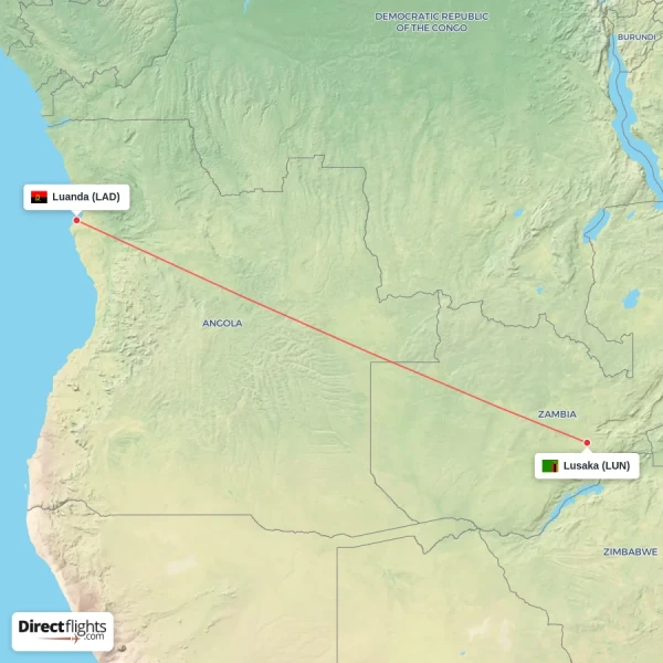 Lusaka - Luanda direct flight map