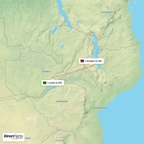 Lusaka - Lilongwe direct flight map