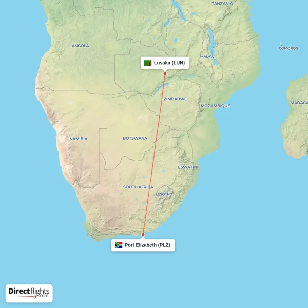 Lusaka - Port Elizabeth direct flight map