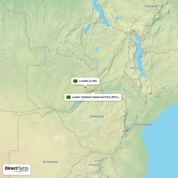 Lusaka - Lower Zambezi National Park direct flight map
