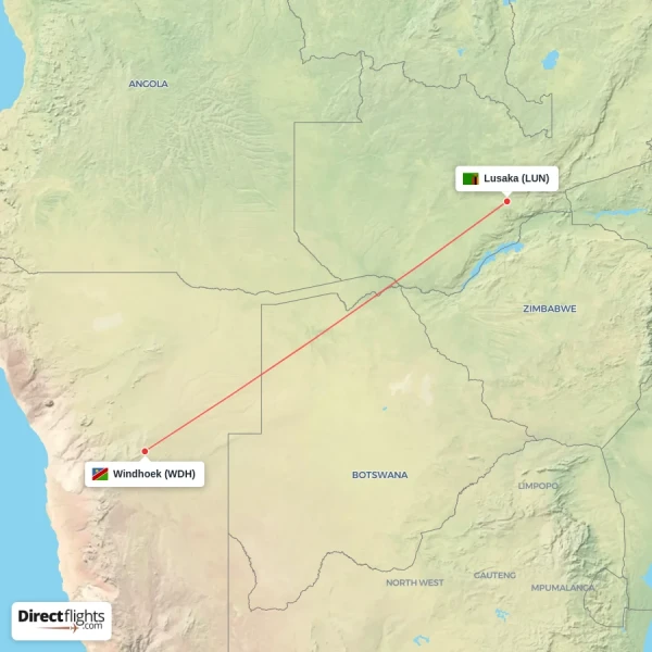 Lusaka - Windhoek direct flight map